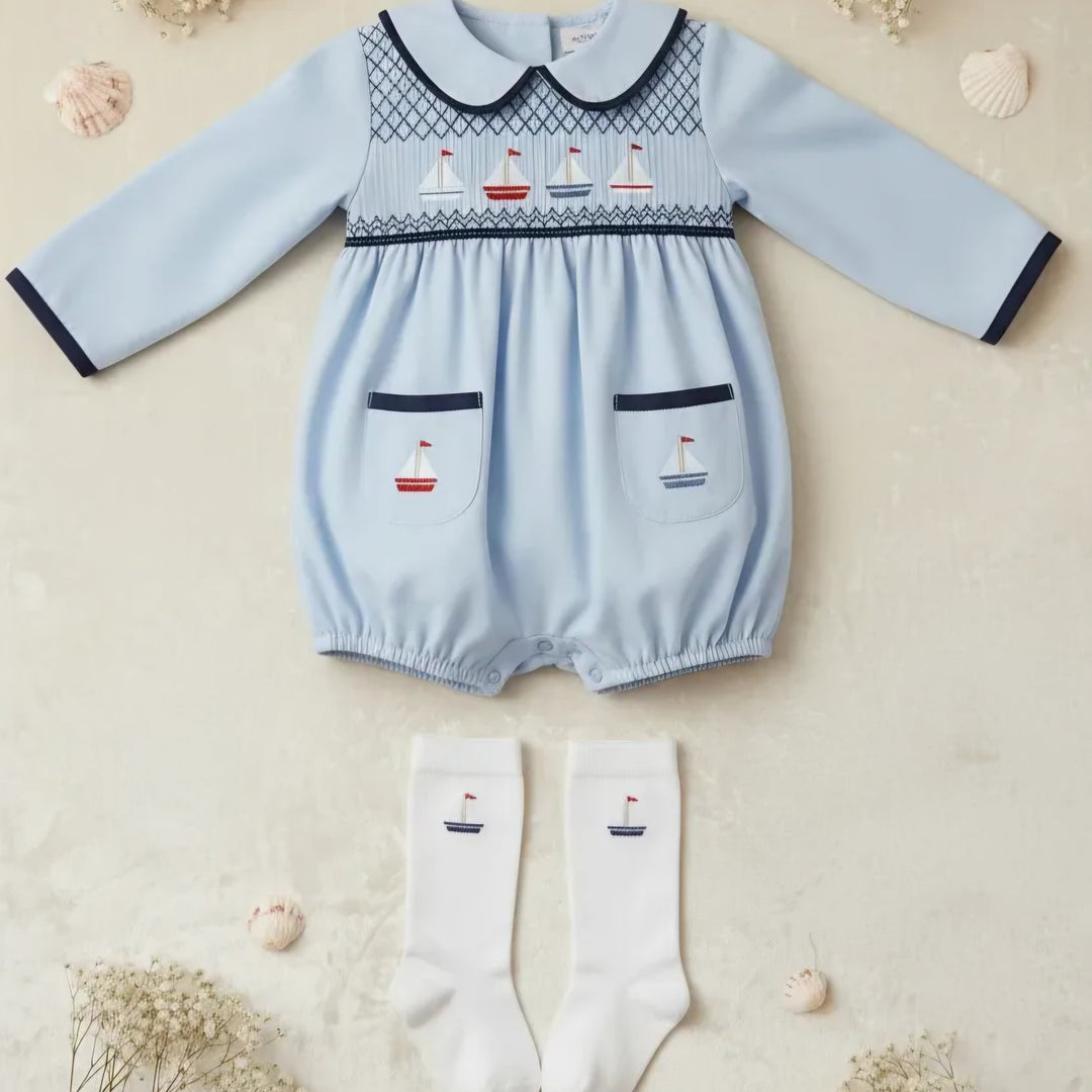 Ocean Baby Boys Sail Boat Smocked Bubble Suit Set (NB-3Yrs)