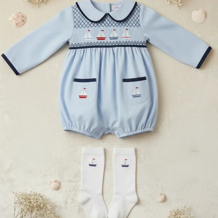 Ocean Baby Boys Sail Boat Smocked Bubble Suit Set (NB-3Yrs)