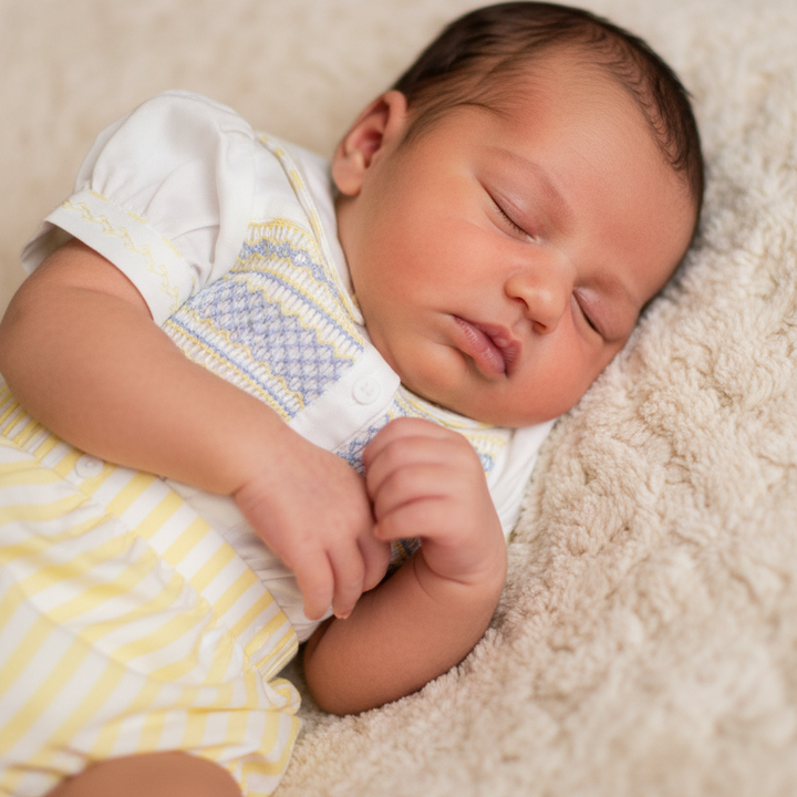 white and lemon cotton smocked baby boys outfit