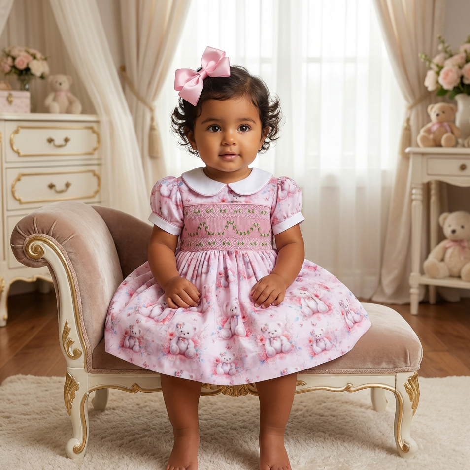 Ocean Baby Smocked Pink Blush Teddy Bear Themed Dress (NB-6Y)