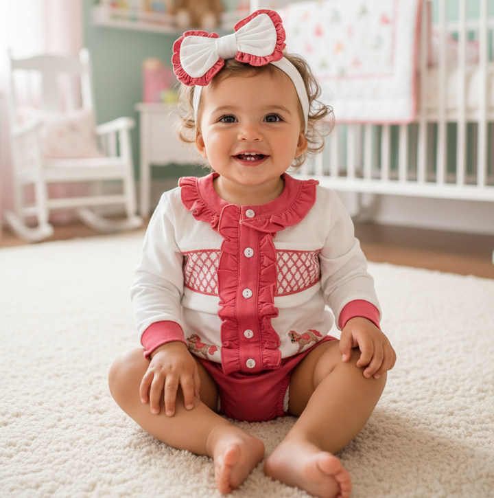 Ocean Baby Girls Red Rocking Horse Smocked Cardigan & Pants Outfit (NB-4Yrs)