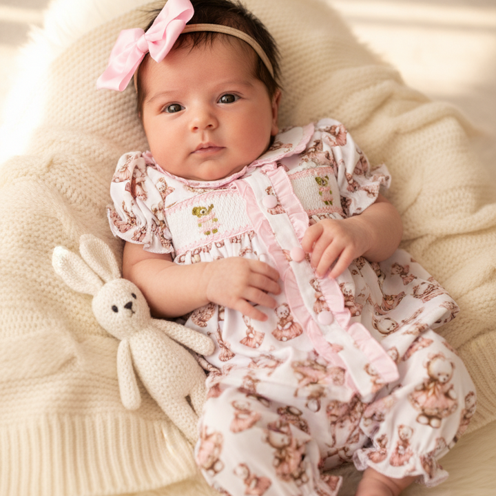 cute girly nightwear smocked handmade newborn baby clothes pink cotton pjs