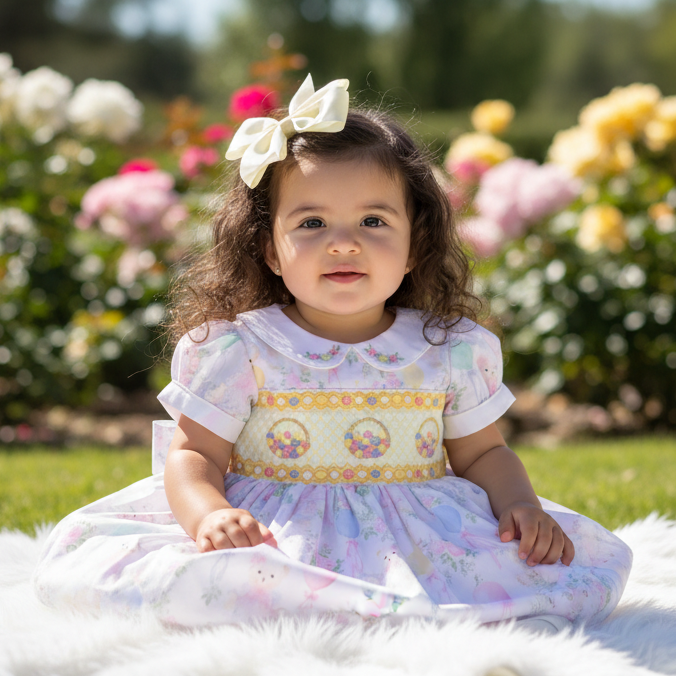 Ocean Baby Girls Smocked Pastel Teddy Bear Themed Dress (NB-6Y)