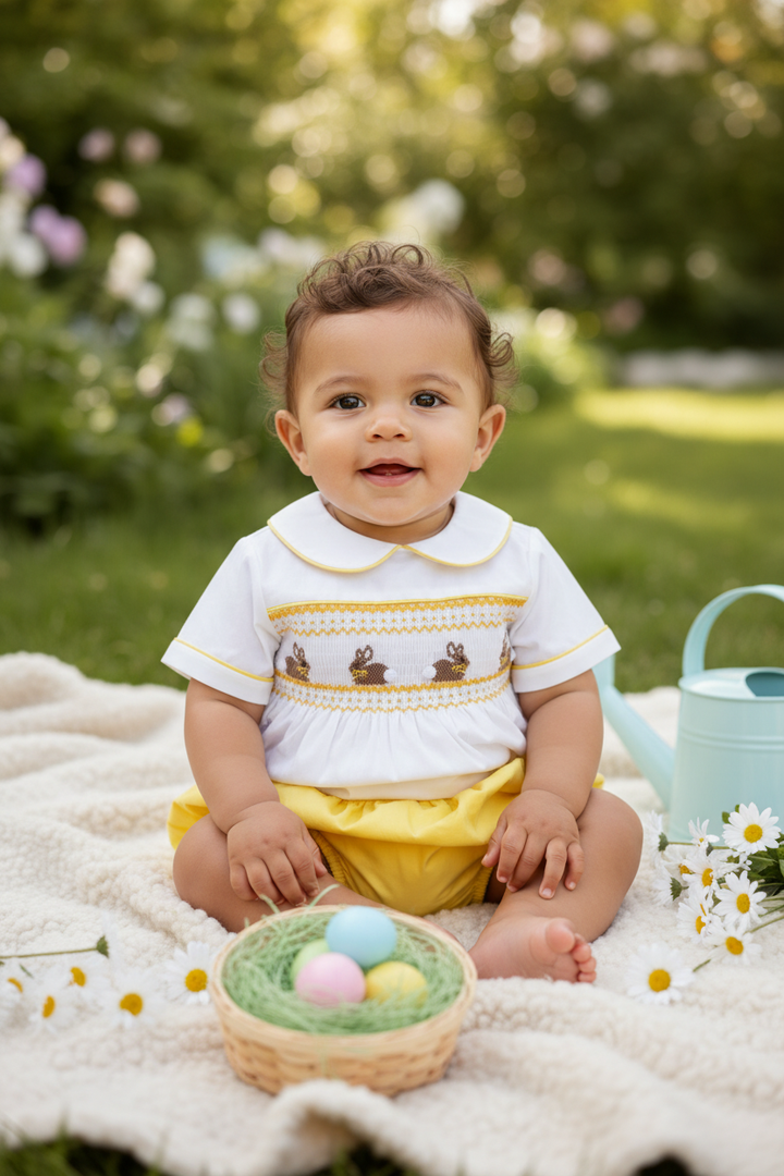 Ocean Baby Boys Sunshine Bunny Themed Smocked Buster Suit (NB-3Yrs)