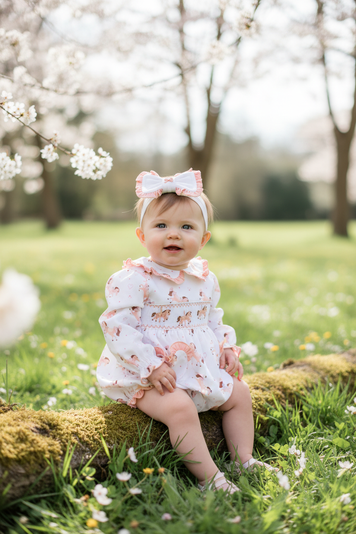 Ocean Baby Girls Peach Carousel Horse Smocked Bubble Suit & Headband Set (NB-3Yrs)