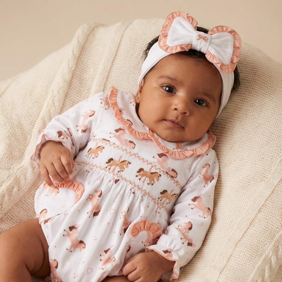 Ocean Baby Girls Peach Carousel Horse Smocked Bubble Suit & Headband Set (NB-3Yrs)