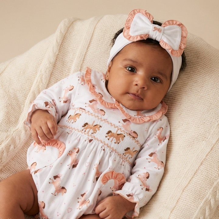 Ocean Baby Girls Peach Carousel Horse Smocked Bubble Suit & Headband Set (NB-3Yrs)
