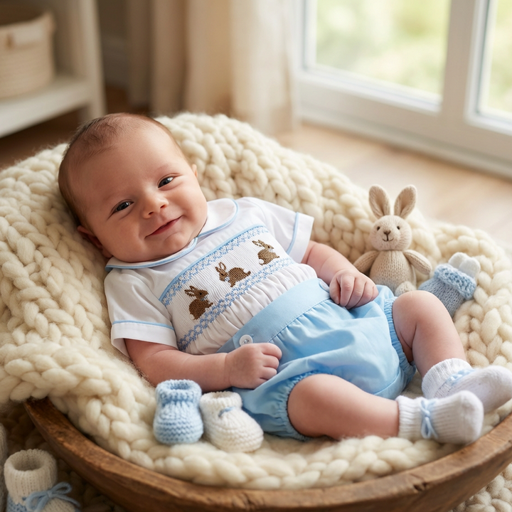 Ocean Baby Boys Blue Bunny Themed Smocked Buster Suit (NB-3Yrs)