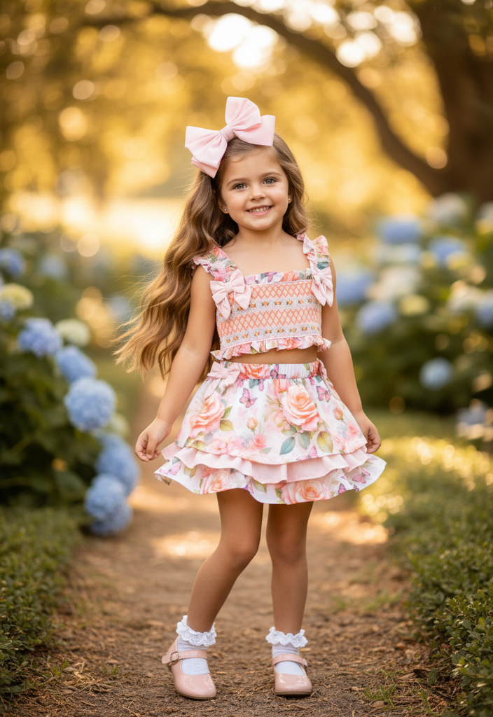 Ocean Baby Girls Peach Rose & Butterfly Smocked Skirt Set (18M-12Y)