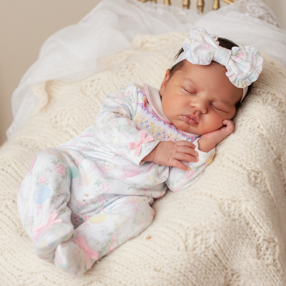 Ocean Baby Girls Smocked Pastel Teddy Bear Sleepsuit & Headband Set (NB-18M)