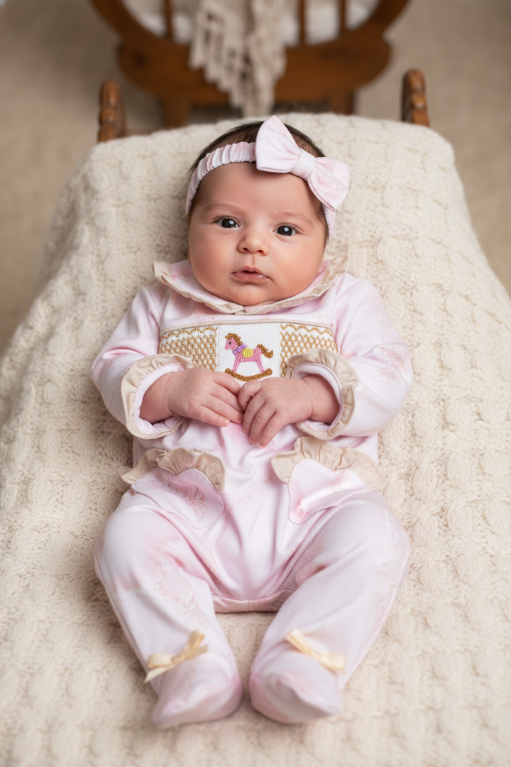 Ocean Baby Girls Smocked Rocking Horse Sleepsuit & Headband Set (NB-18M)