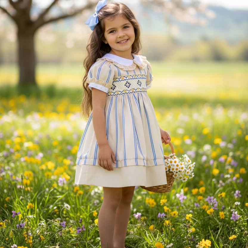 Ocean Baby Girls Smocked Lemon & Blue Stripe Cotton Petticoat Layered Dress (NB-8YR)