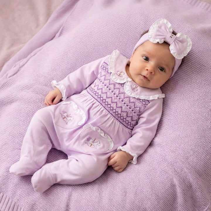 Ocean Baby Girls Lavender Carousel Smocked Sleepsuit & Headband Set (NB-18M)