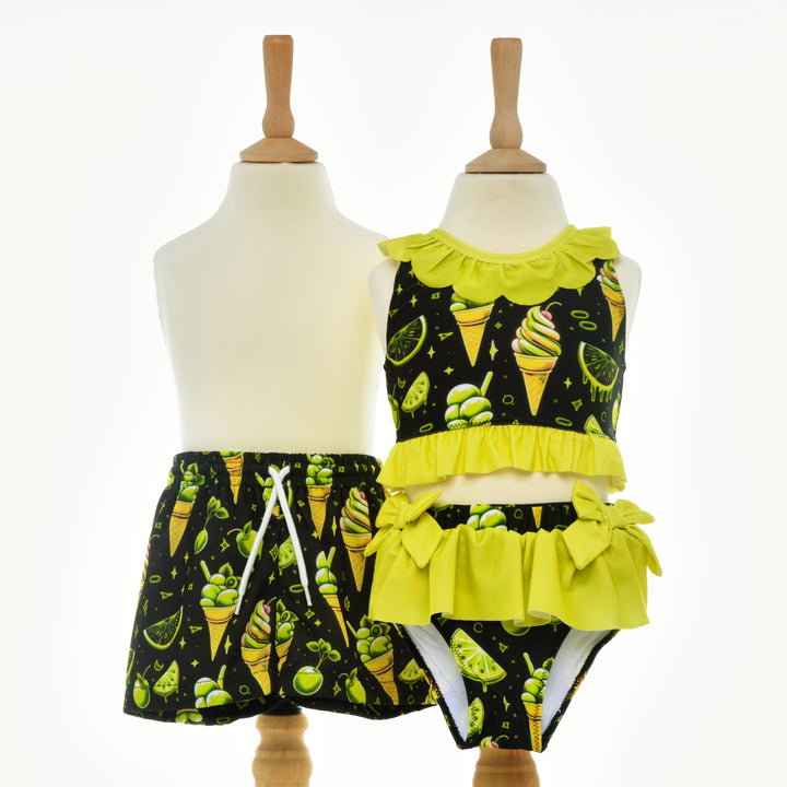 matching kids swimwear retro neon swimwear