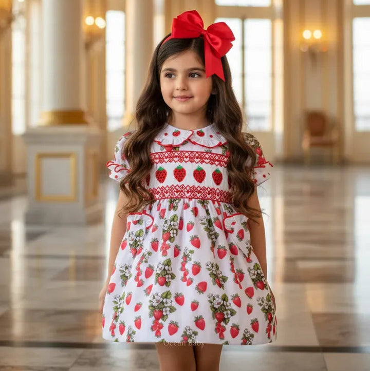 Ocean Baby Girls Strawberries Smocked Petticoat Layered Dress - (NB-8Yrs)