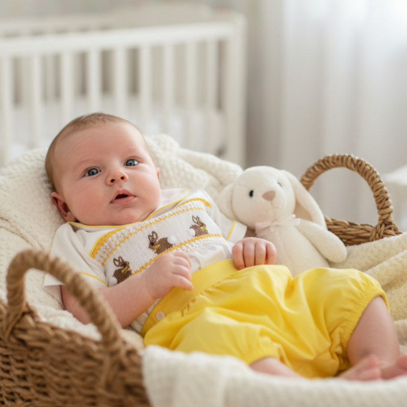 Baby in a crib with a teddy bear, surrounded by soft bedding and toys.