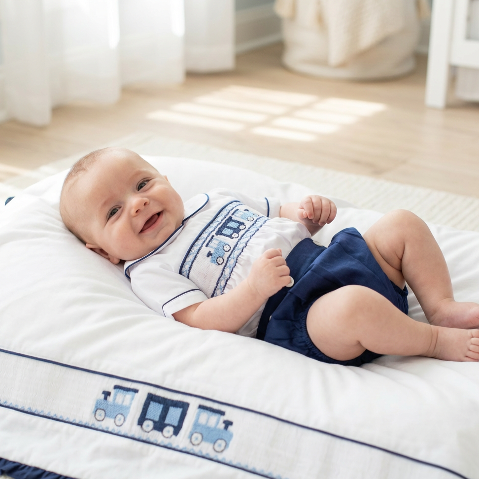 Ocean Baby Midnight Navy Train Themed Smocked Buster Suit (NB-3Yrs)