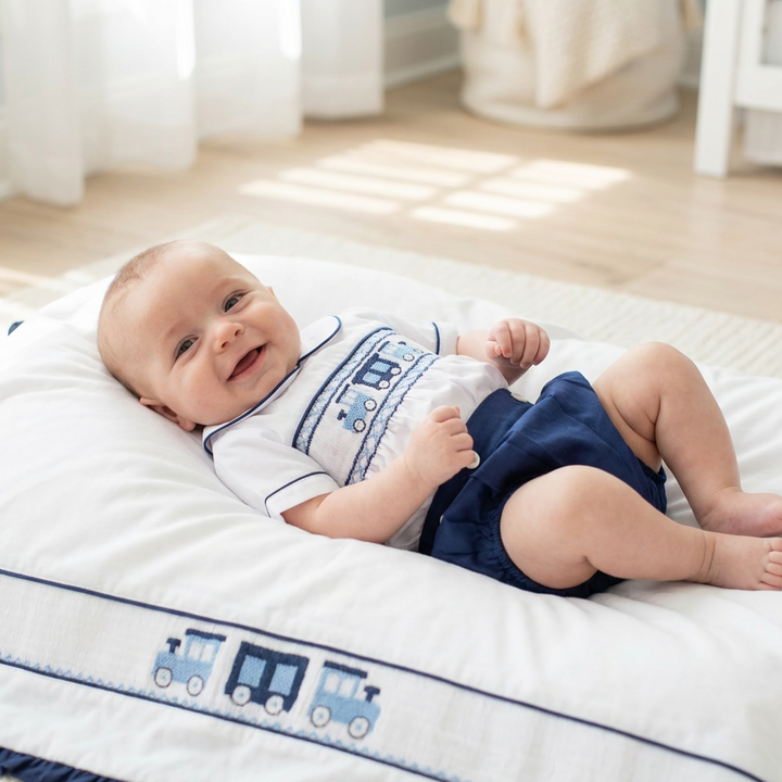 Ocean Baby Midnight Navy Train Themed Smocked Buster Suit (NB-3Yrs)