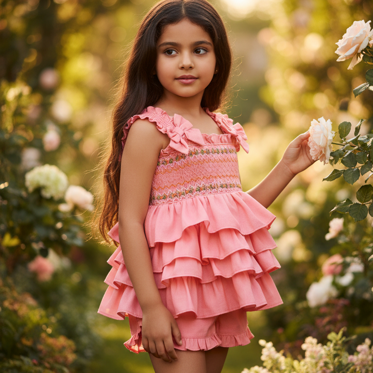 Ocean Baby Girls Peach Ruffle Smocked Shorts Set (12M-10Y)