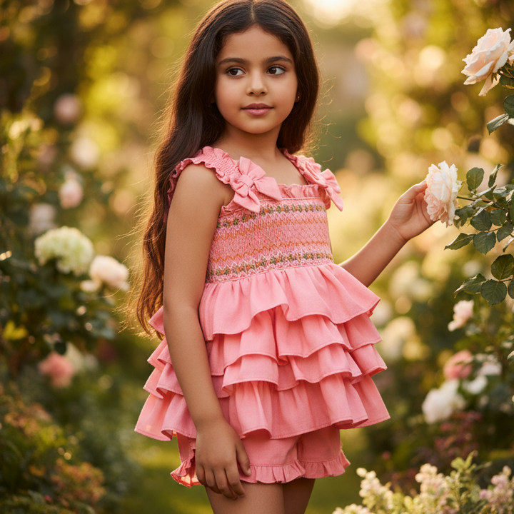 Ocean Baby Girls Peach Ruffle Smocked Shorts Set (12M-10Y)