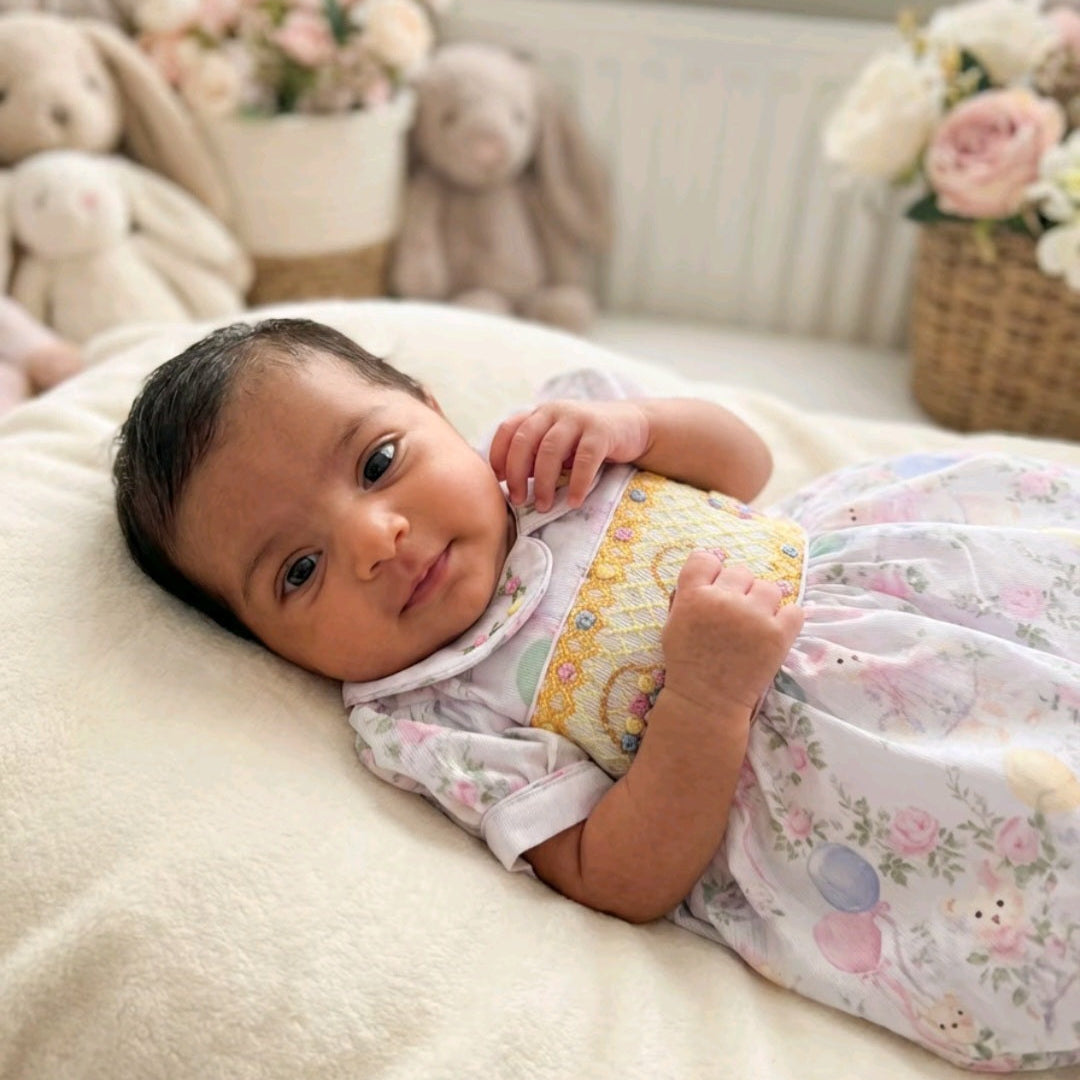 Ocean Baby Girls Smocked Pastel Teddy Bear Themed Dress (NB-6Y)