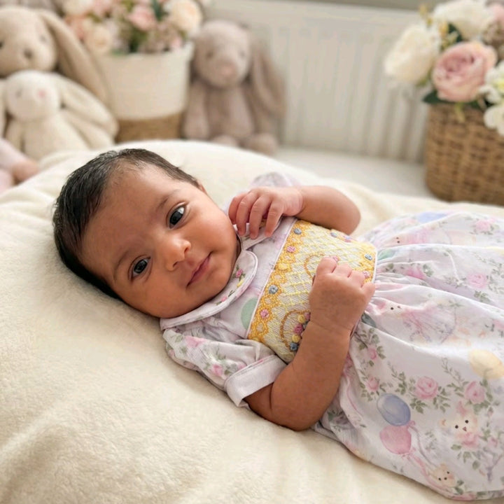 Ocean Baby Girls Smocked Pastel Teddy Bear Themed Dress (NB-6Y)
