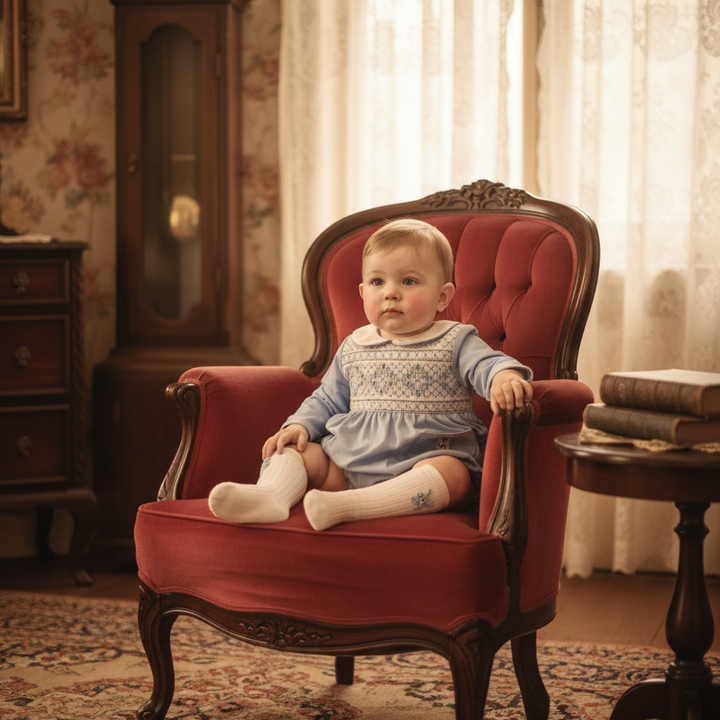 cotton baby boys smocked handmade suit with smocked bunnies and hand embroidery