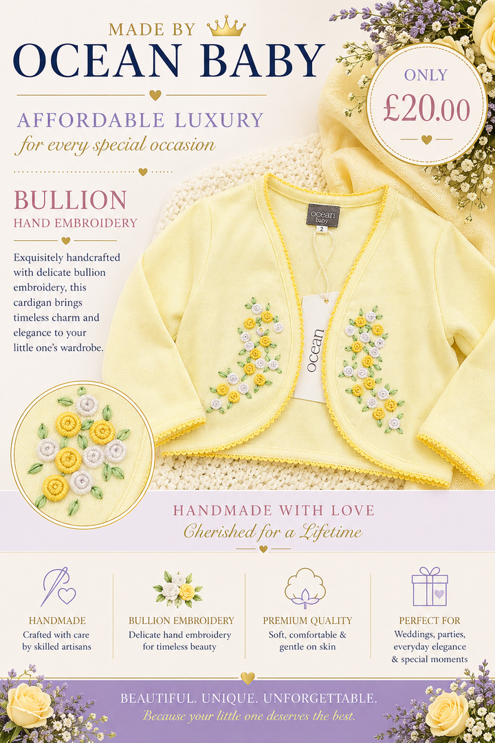 Ocean Baby 'My Little Honey Bun' Hand Embroidered Rose Bullion Cardigan Lemon (NB-10Yrs)