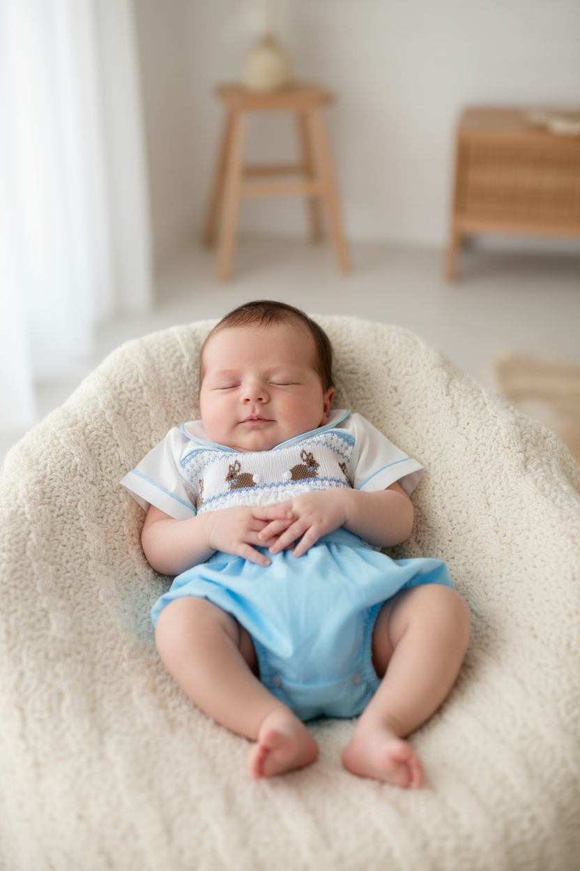 Ocean Baby Boys Blue Bunny Themed Smocked Buster Suit (NB-3Yrs)