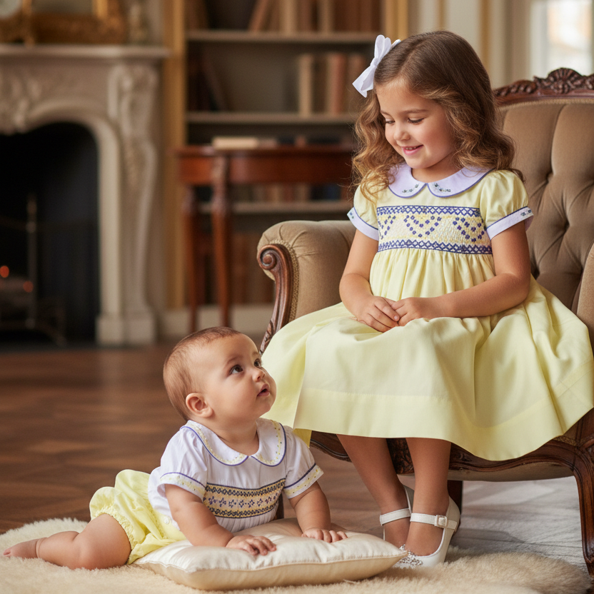 matching Spring smocked outfits and dresses. smocked lemon cotton handmade dressed. baby girls smocked lemon dress. newborn to 10 years.