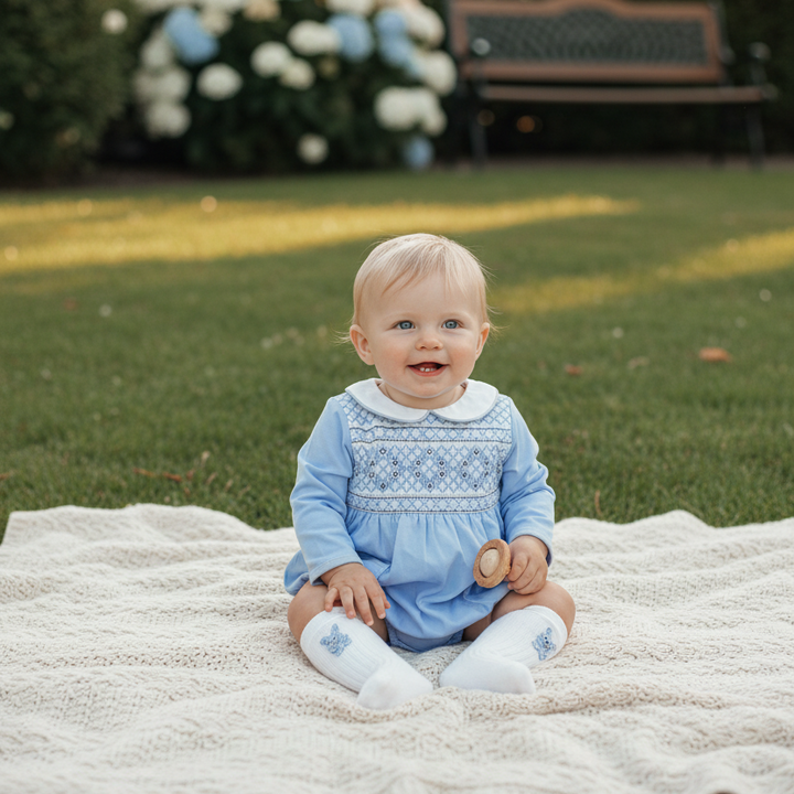 luxury baby boys handmade outfits blue cotton smocked outfit featuring bunnies 