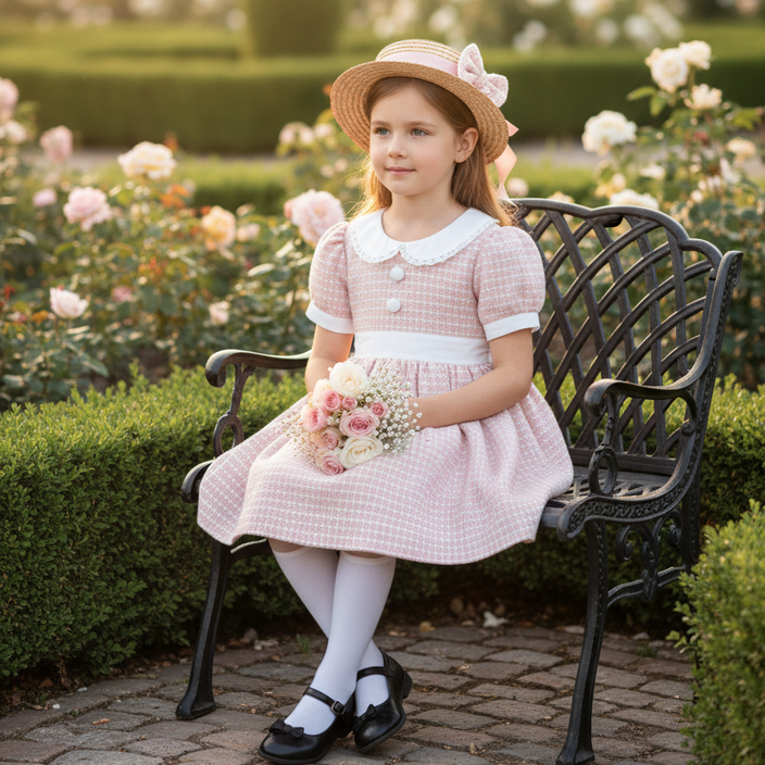 Young girl in a pink dress and hat sitting on a bench in a garden with flowers.