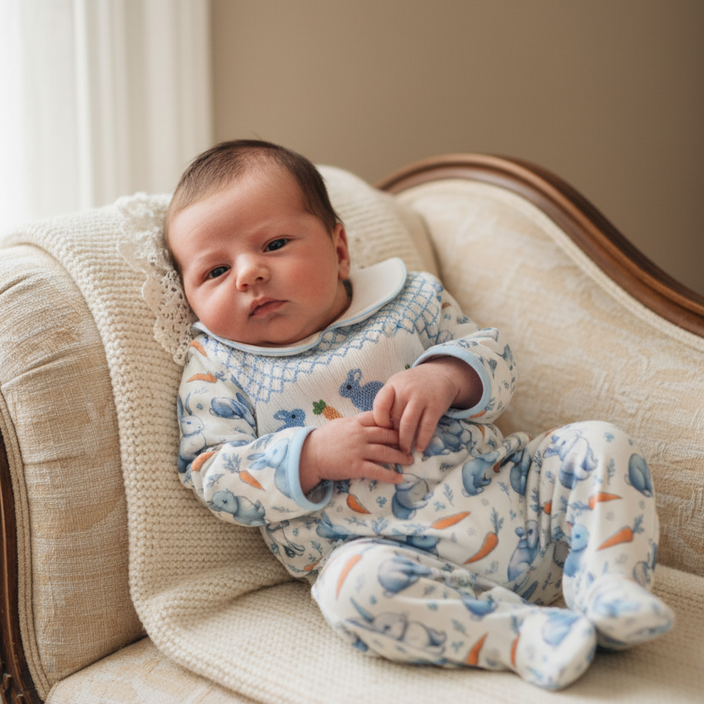 baby boys blue handmade baby grow featuring bunnies