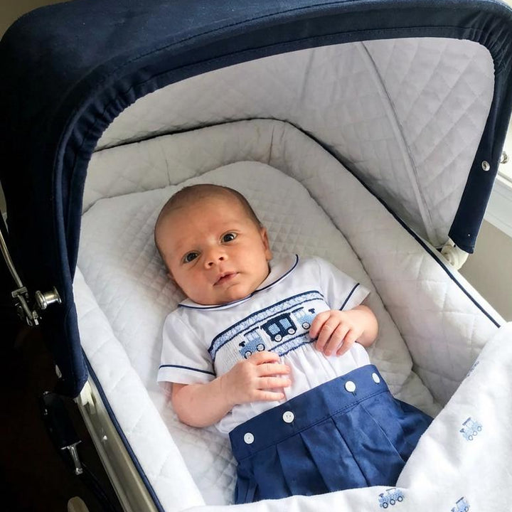 Ocean Baby Midnight Navy Train Themed Smocked Buster Suit (NB-3Yrs)