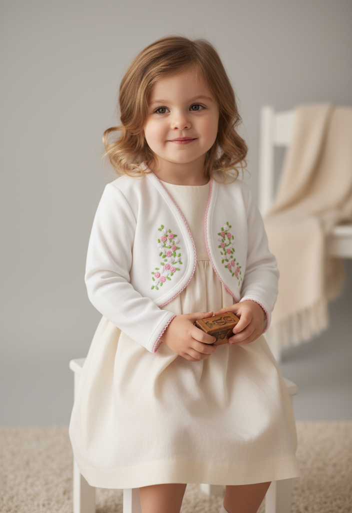 Ocean Baby Girls Hand Embroidered Rose Bullion Cardigan White/Pink (NB-10Yrs)