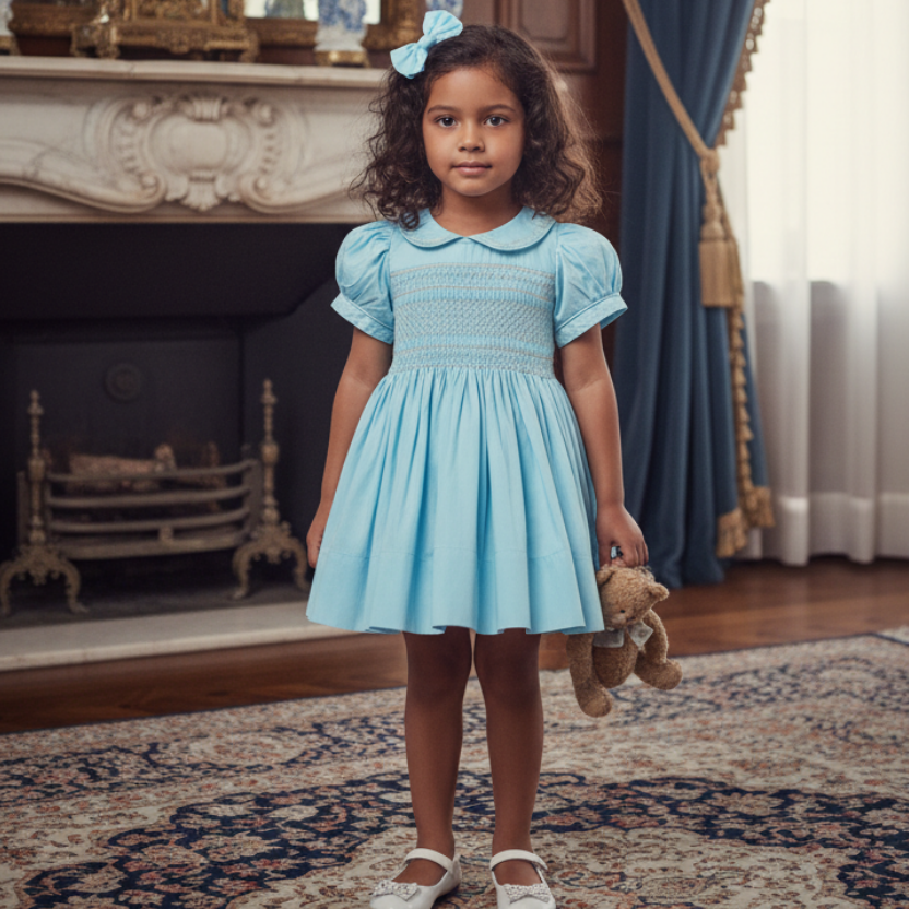 Ocean Baby Girls Duck Egg Lux Collection Sateen Smocked Front & Back Petticoat Layered Dress (NB-8Yrs)
