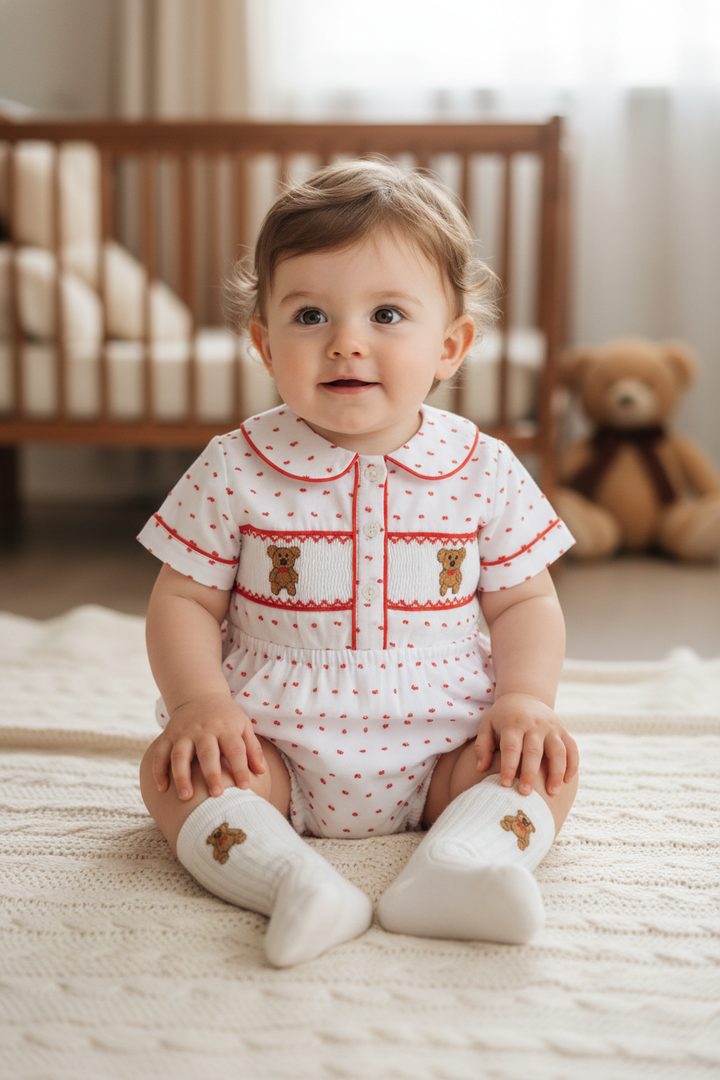 Ocean Baby Boys Swiss Dot TeddyBear Smocked Buster Pants Outfit (NB-3Yrs)