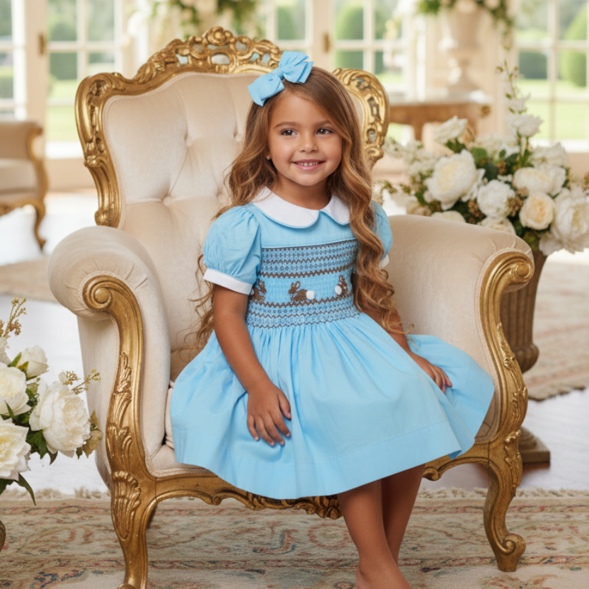 Ocean Baby Girls Blue Bunny Smocked Petticoat Layered Dress - (NB-8Yrs) Ocean Baby Girls Blue Bunny Smocked Petticoat Layered Dress - (NB-8Yrs)