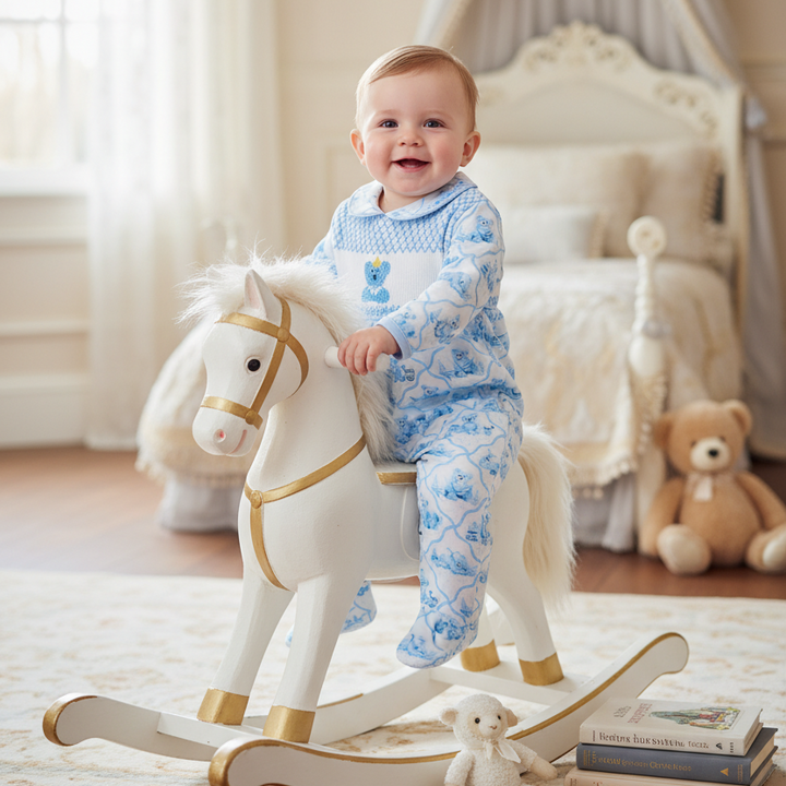 Ocean Baby Boys Smocked Old Fashioned Teddy Sleepsuit & Bib Set (NB-18M)