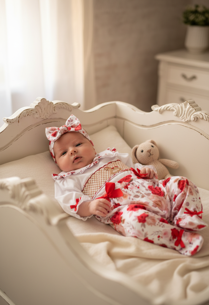 Ocean Baby New Concept Smocked Sleepsuit-Outfit & Headband Set (NB-18M) Rose Rocking Horse