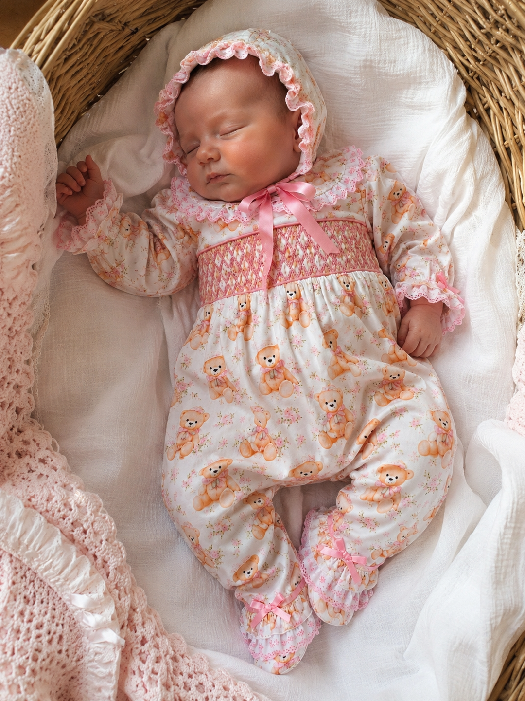 smocked baby girls sleepsuit and bonnet set 