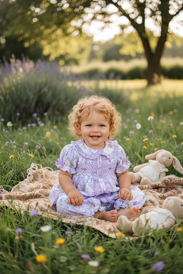 Ocean Baby Girls Smocked Lilac Floral Bunny Pyjamas (3M-8Yrs) Pjs