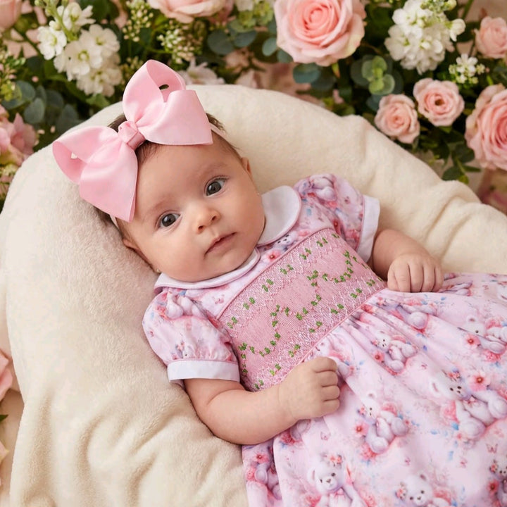 Ocean Baby Smocked Pink Blush Teddy Bear Themed Dress (NB-6Y)