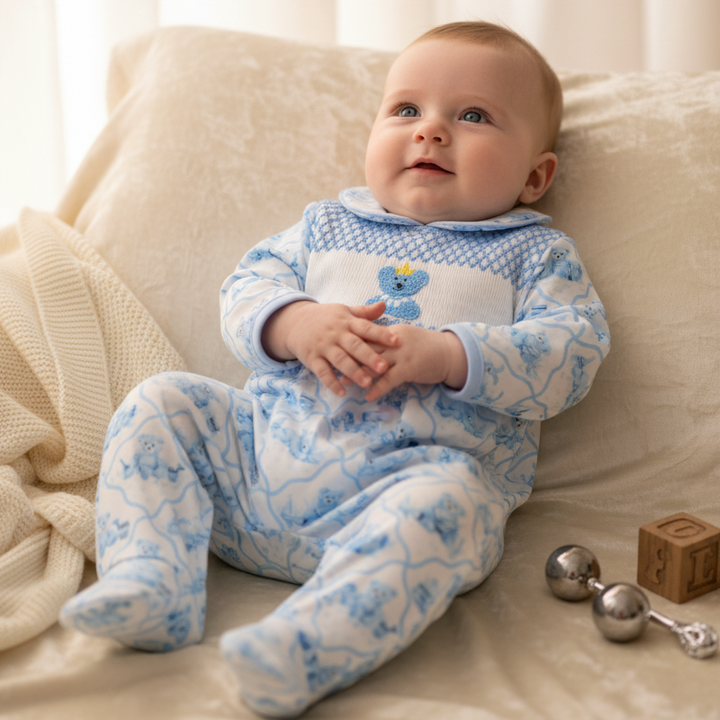 Ocean Baby Boys Smocked Old Fashioned Teddy Sleepsuit & Bib Set (NB-18M)
