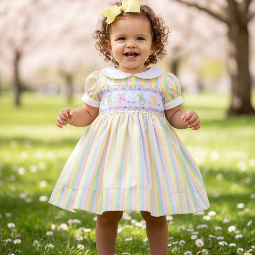rainbow smocked baby dress handmade girls party dress Spring baby wear