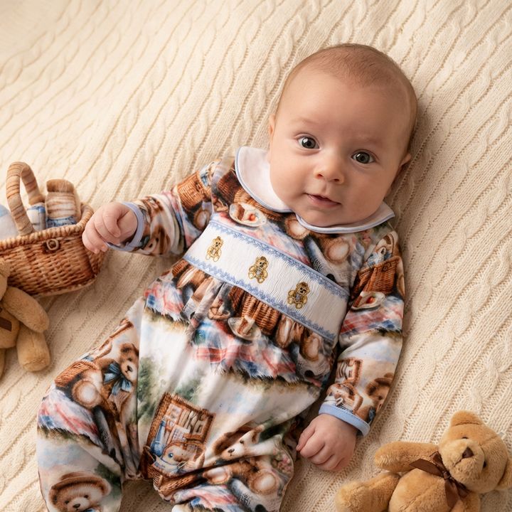 Ocean Baby Boys Teddy Bear Picnic Smocked Sleepsuit & Bib Set (NB-18M)