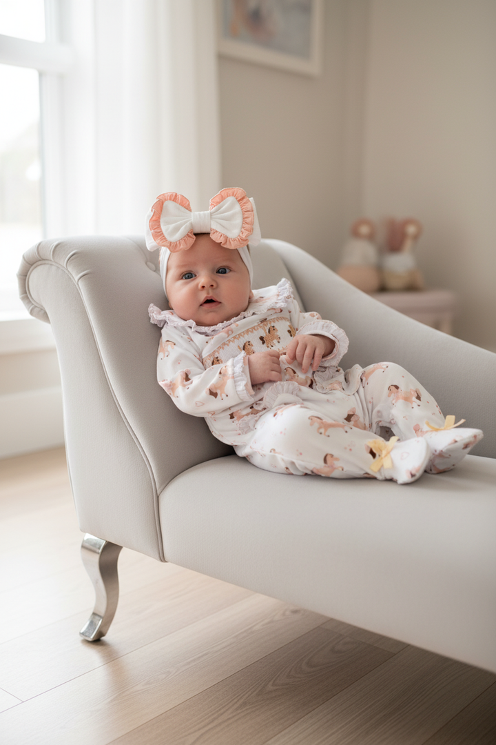 Ocean Baby Girls Peach Carousel Horse Smocked Sleepsuit & Headband Set (NB-12M)