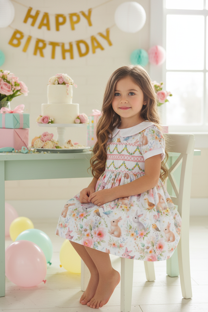 Ocean Baby Girls Floral Bunny & Birds Smocked Petticoat Layered Dress - (NB-6Yrs)