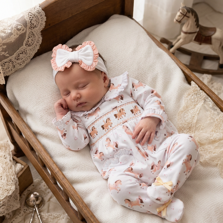 Ocean Baby Girls Peach Carousel Horse Smocked Sleepsuit & Headband Set (NB-12M)
