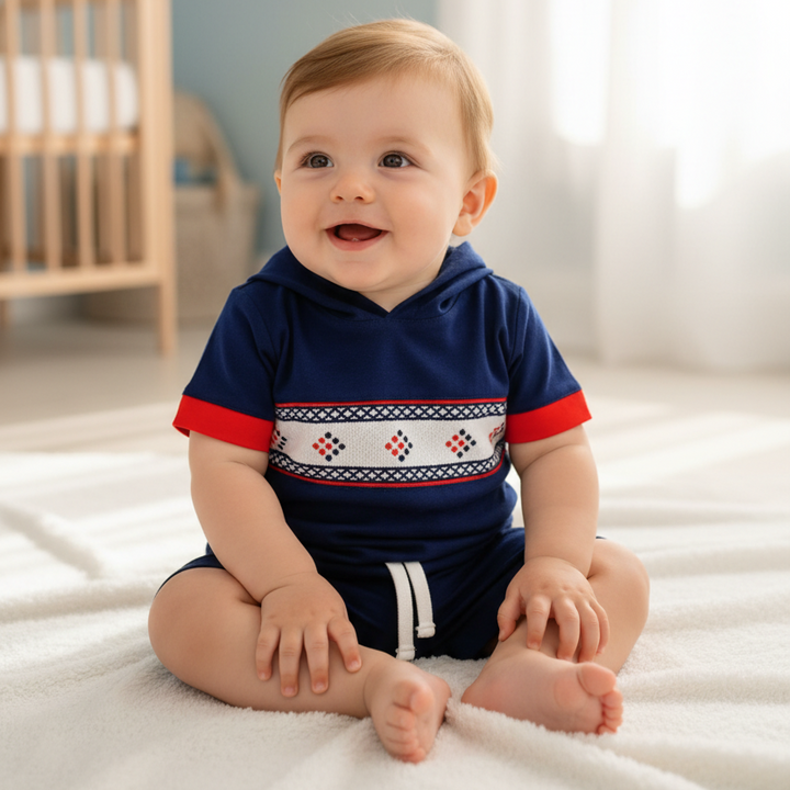 Ocean Baby Boys Smocked Navy Hooded Tee Short Set (18M-6Yrs)